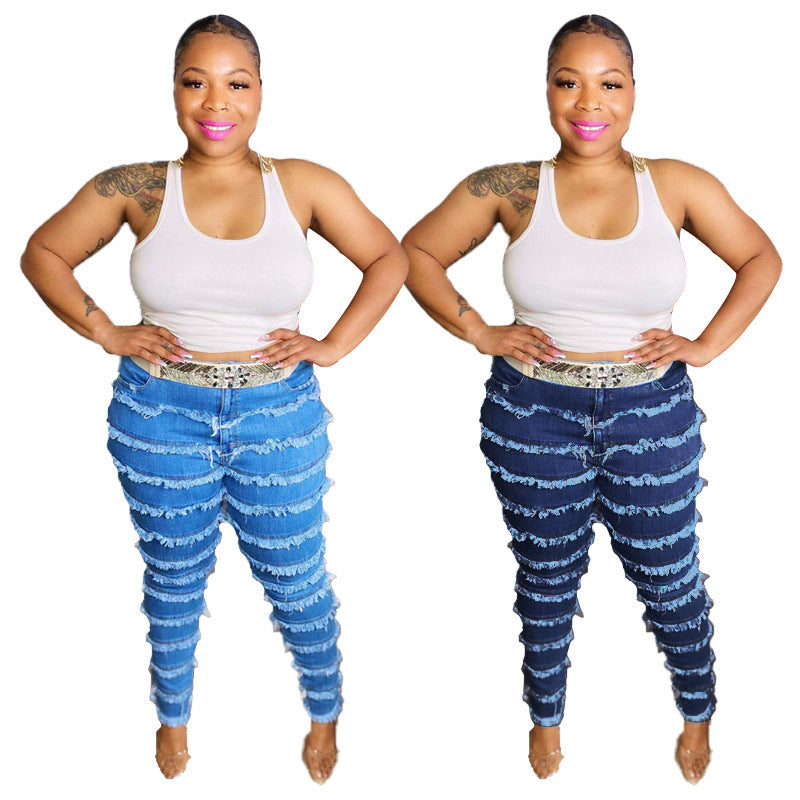 Plus Sized Fringed Stretched Jeans