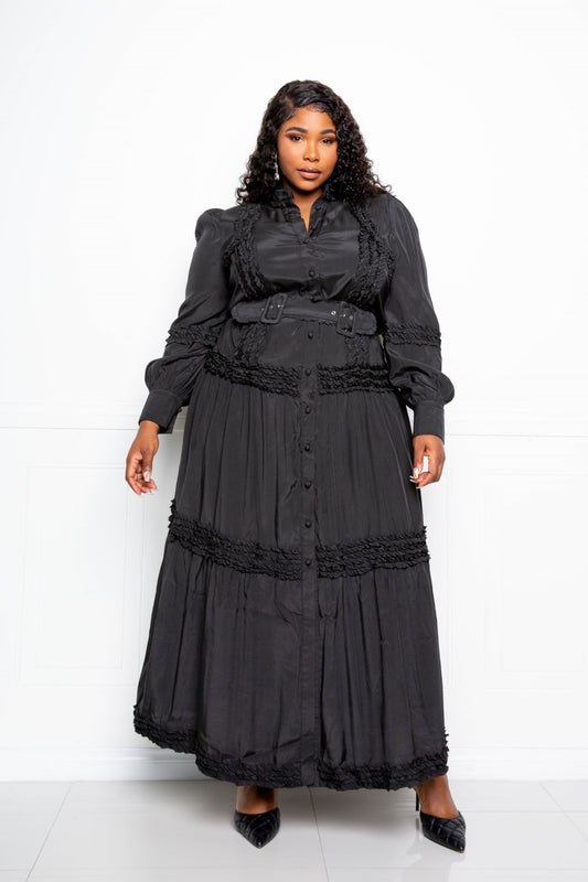 Plus Sized Belted Shirt Dress with Ruffle Detail