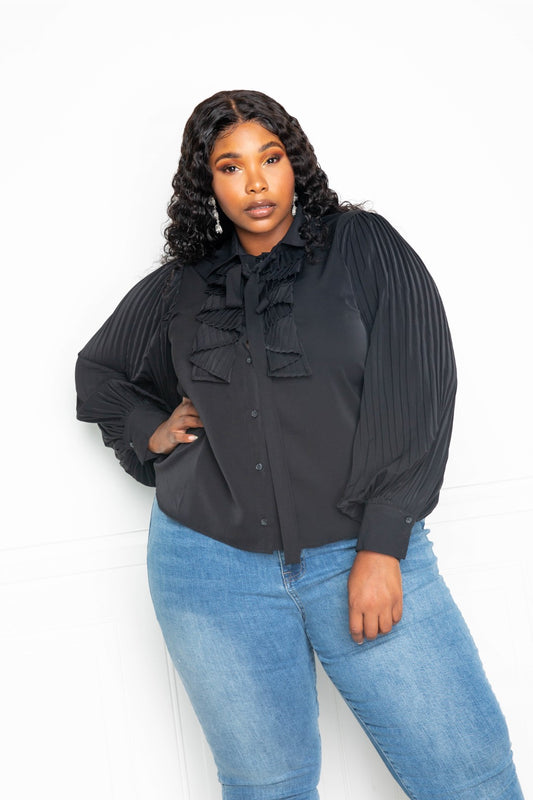 Plus Size Pleated Waterfall Frill and Bow Blouse