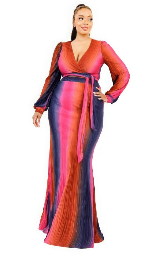 Plus Size Gradient Stripe Two Piece Maxi Skirt Set