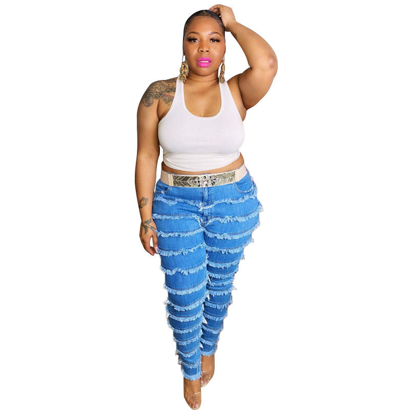 Plus Sized Fringed Stretched Jeans